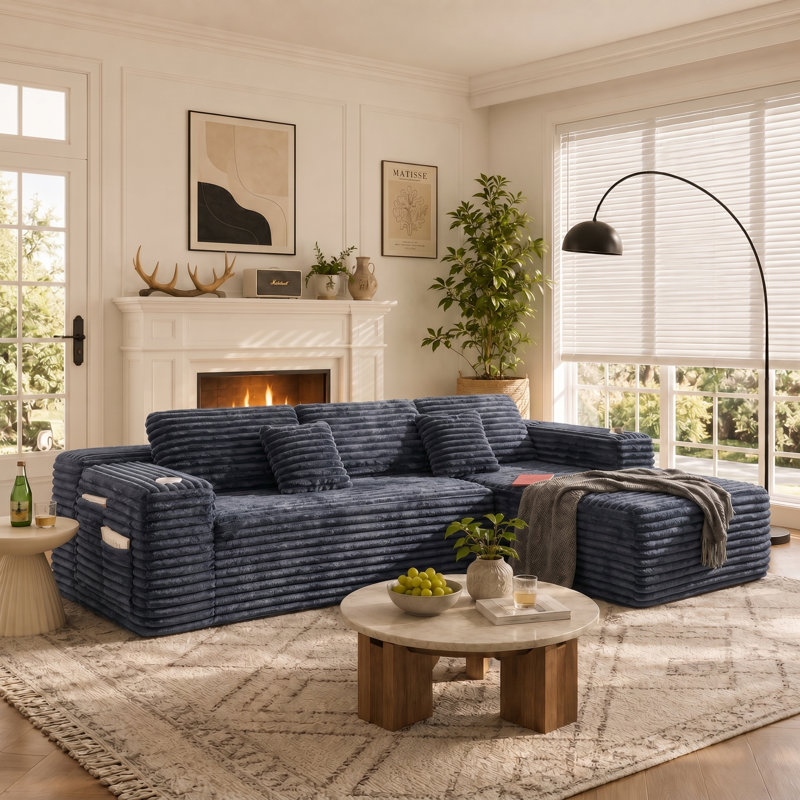 Boneless 106" L-Shape Sectional Couches For Living Room, Cloud Sofa With Chaise, Modern Upholstered Boneless Couch With Deep Seat, Cup Holder & Side Pocket, Sofa Pillows, No Assembly Required