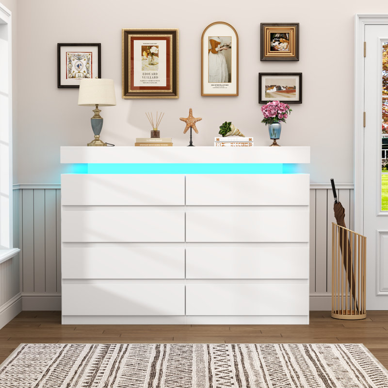 8 Drawer Dresser For Bedroom With Charging Station, LED Light, White