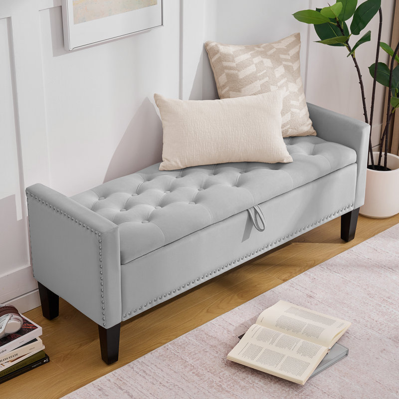 50" Wide Velvet Tufted Rectangle Storage Ottoman, Gray
