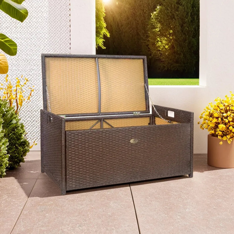 Brown Wicker and Steel Outdoor Storage Bench with Cushion