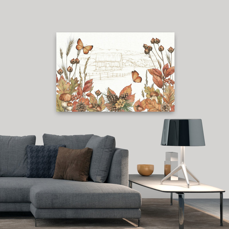 «Harvest Home VI», art abstrait d'automne contemporain avec papillon, H 48 po x l 32 po