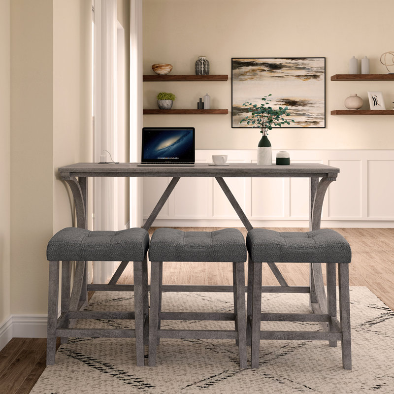 Bar Table Set with Power Outlet, Bar Table and Chairs Set, 4 Piece Dining Table Set, Industrial Breakfast Table Set