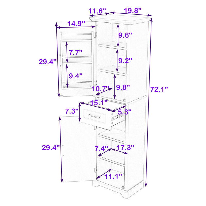 Grande armoire de rangement autoportante pour salle de bain avec tablettes réglables, tiroir et conception anti-arrachement