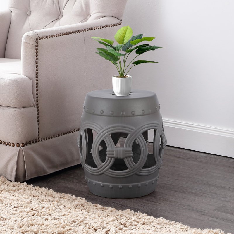 Lucky Coins - Tabouret de jardin 16 po avec cercles en céramique gris mat contemporain à découpes entrelacées, table d'appoint d'intérieur et d'extérieur, siège et support pour plante
