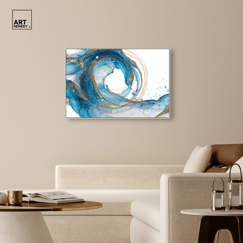 «Ocean Vortex II», impression sur toile encadrée bleue et dorée par Art Remedy, cadre noir, 45 x 30, H 31 po x l 46 po
