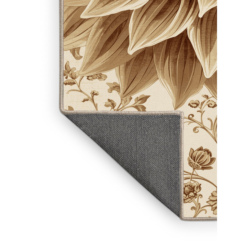 Tapis floral doux et moelleux à motif floral orné de dahlia beige - reliure beige, 7 x 9