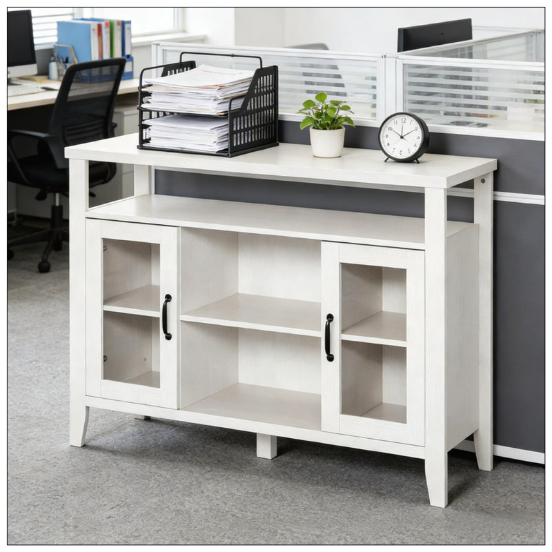 Buffet polyvalent et moderne avec tablettes réglables et portes en verre pour la présentation et le rangement