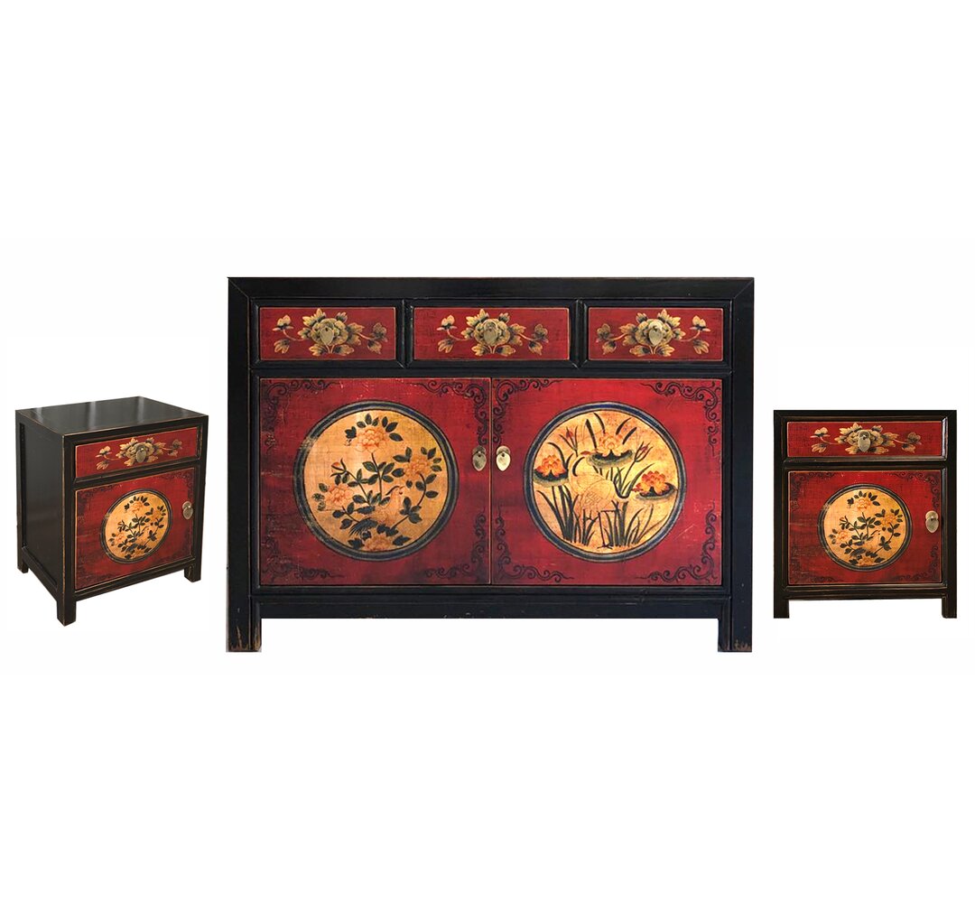 Halma 3 Piece Bedroom Set Kommode Schrank Nachttische Möbel vintage asia chinesisch orientalisch