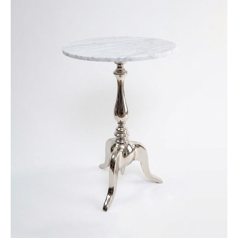 Table d'appoint en métal nickel brillant avec plateau en marbre blanc