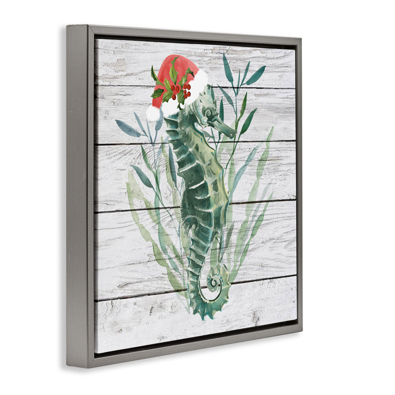 «Christmas Seahorse with Santa Hat», art mural encadré flottant doré par Jennifer Paxton Parker, Cadre flottant gris lustré