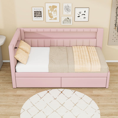 Twin Wooden Upholstered Daybed Bed with Storage Drawers, LED Lights and USB Ports by Xiao Hailuo