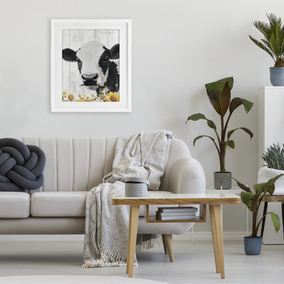 Vache et tournesols, reproduction encadrée sous verre, design par Christine Simpson Art