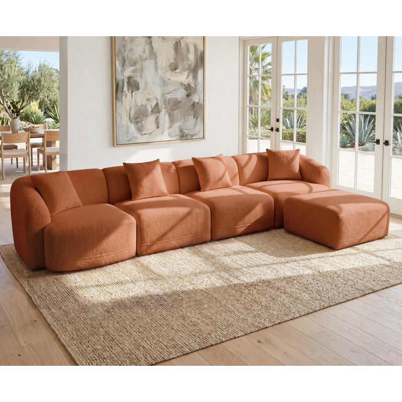 Canapé modulaire de 143 po pour le salon, canapé convertible en forme de L sans os avec repose-pieds mobile, canapé 4 places avec nuage, canapé-lit profond et confortable, orange