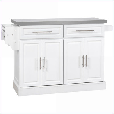 Kitchen Island, Portable with Storage, Stainless Steel Top, Drawers/Racks/Cabinets, Snow White | MDF