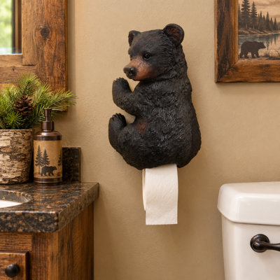 Resin Rustic Wall-Mounted Toilet Paper Holder Black Bear Cub Design