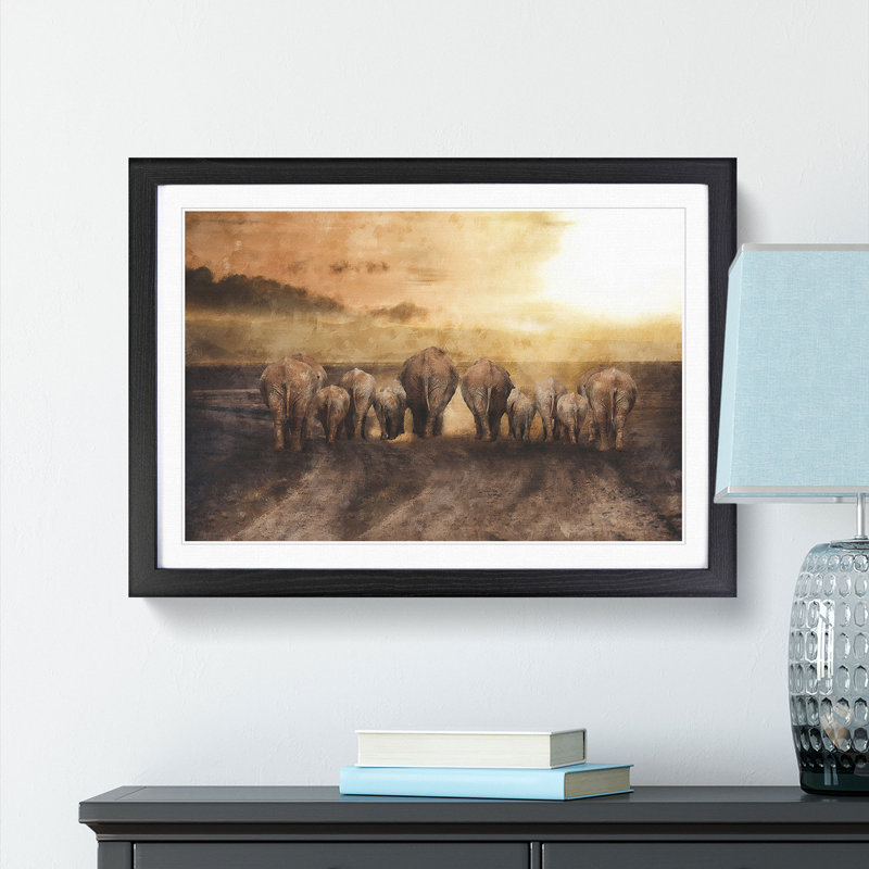 Herd of Elephants on a Dusty Road - Framed Print, 24cm H x 33cm W x 2cm D, Black Framed