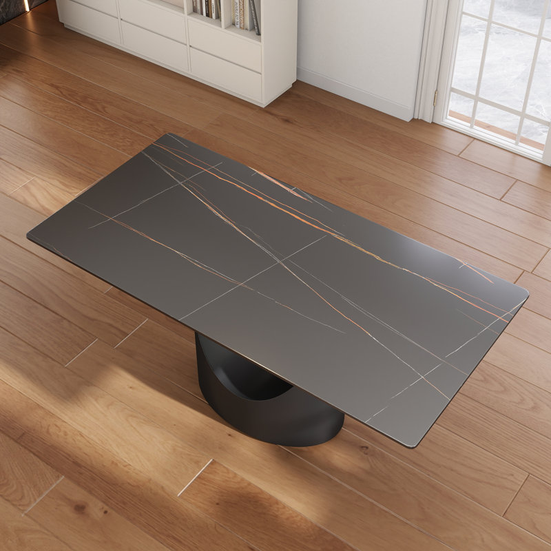 Table de salle à manger rectangulaire moderne en pierre frittée avec base piédestal, Lauren Blackgold, Noir