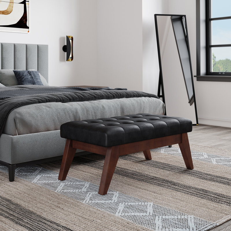 Distressed Black Faux Leather Tufted Ottoman Bench