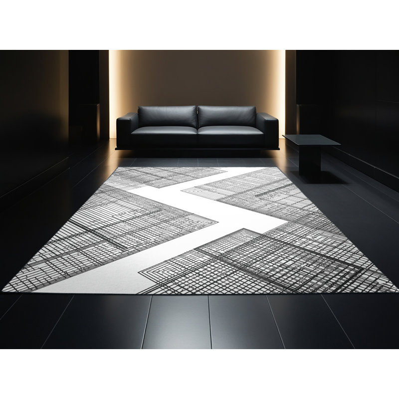 Machine Washable Patterns And Textures Sleek & Chic Modern Geometric Shapes Rug in Blue – Black Binding, 5 x 8