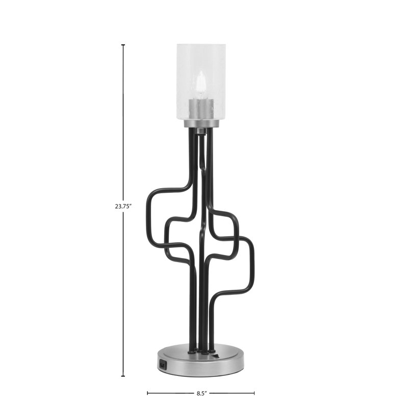 Amarmula Accent Lamp, With USB Ports, Matte Black & Graphite Finish, 4" Clear Bubble Glass, Clear, Silver