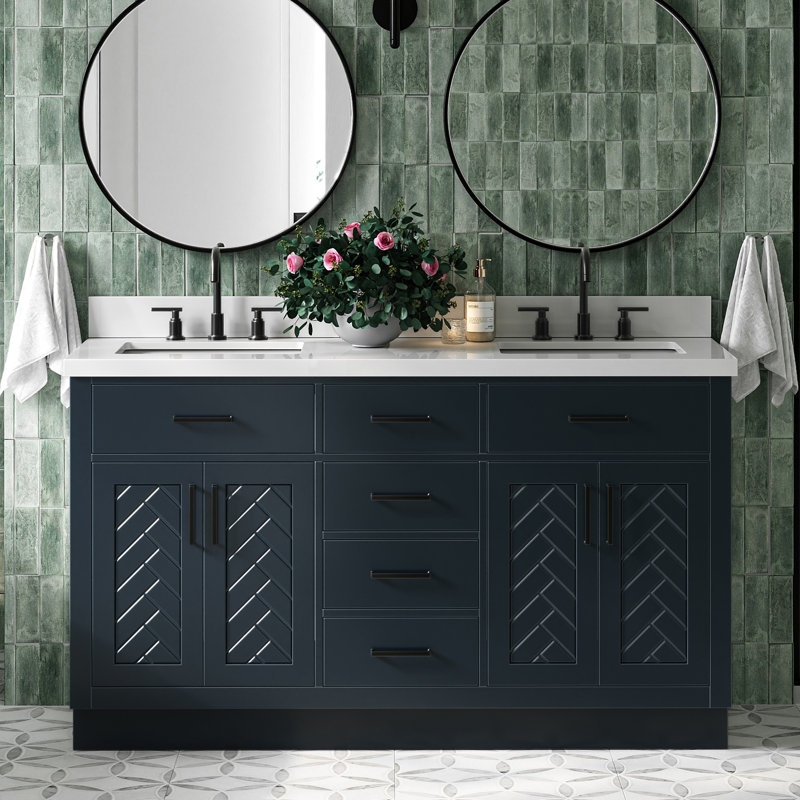 Chevron 61 Inch Double Rectangle Vanity Bathroom Vanity with Pure White Quartz Countertop 1.5 Inch in Midnight Blue