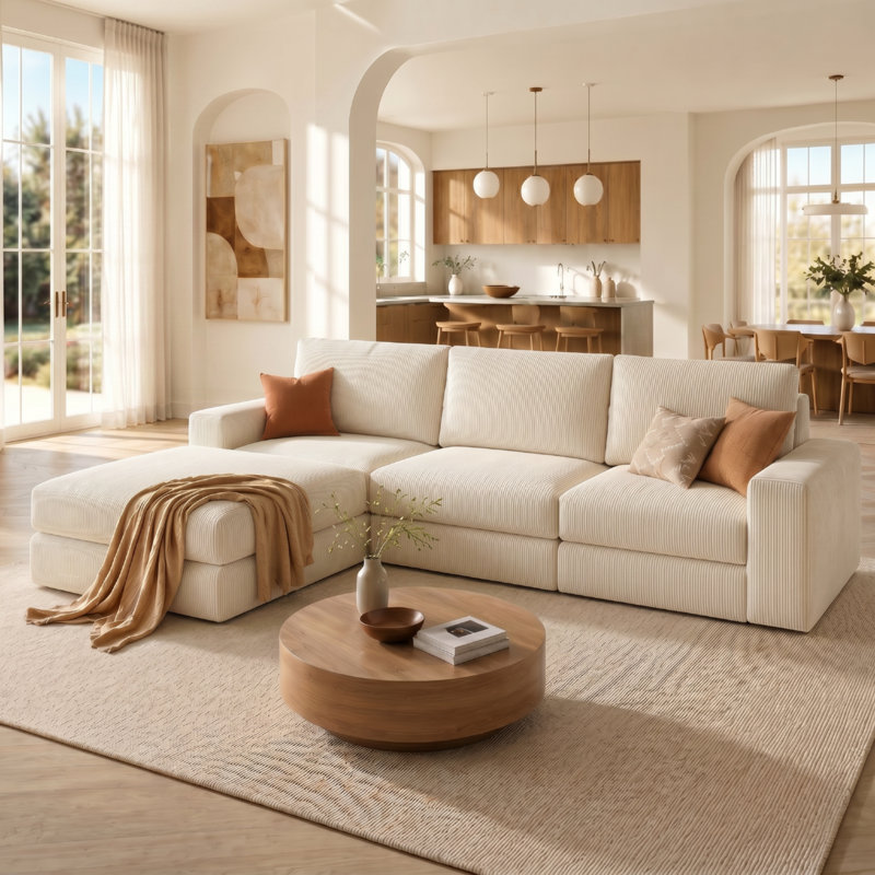 Boneless L-Shape Sectional Couches, Sofa And Ottoman Set, 34.6" H x 120" W x 80" D, 4, White