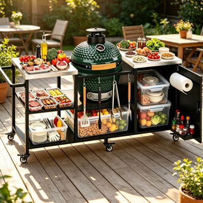 Grand barbecue à œufs vert pour la plupart des grils à œufs de moins de 21 po, chariot de rangement extérieur 5 en 1