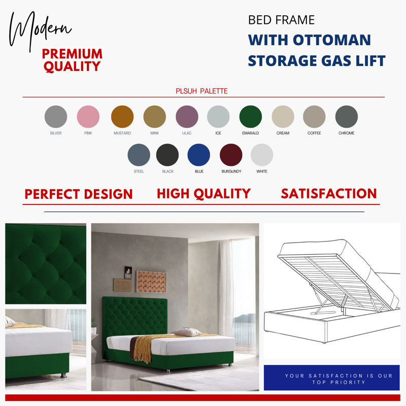 Adriella Upholstered Ottoman Storage Bed, Double (4'6), Emarald