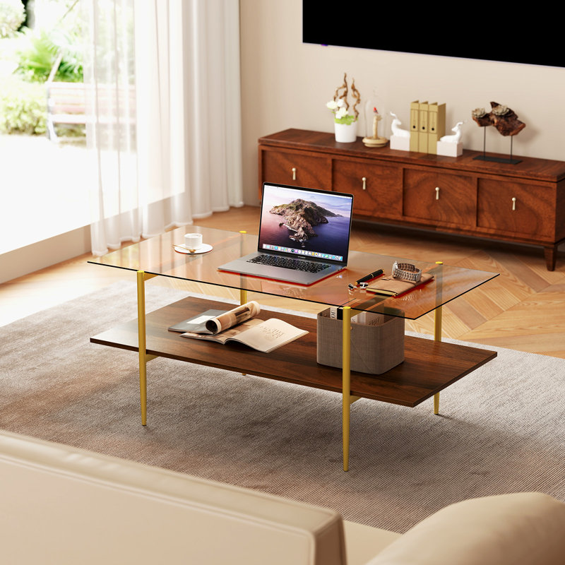 Table basse à 2 niveaux en verre avec plateau en verre et tablette de rangement ouverte
