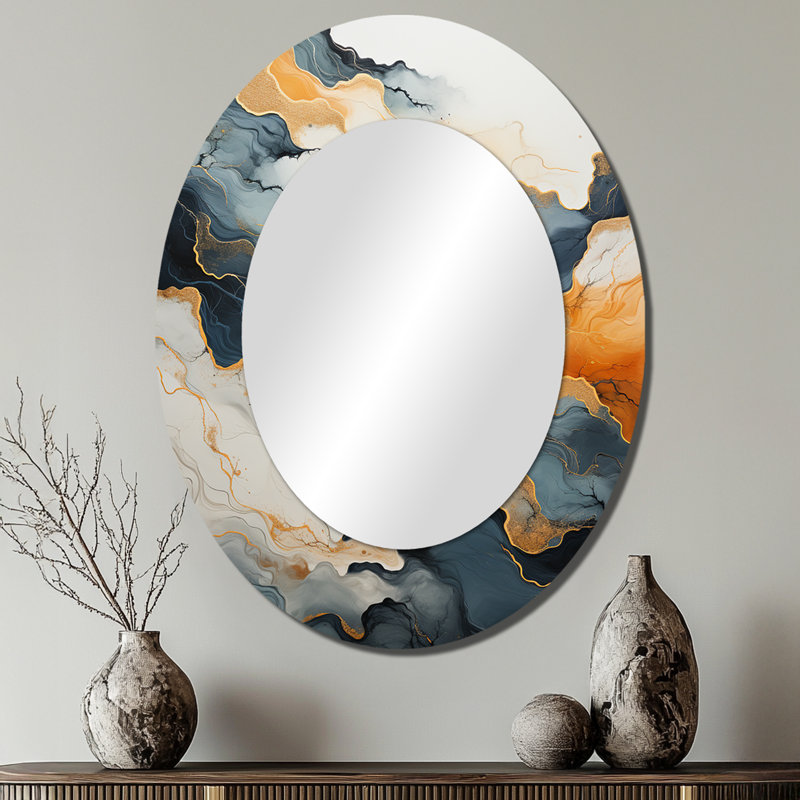 Abstract Orange And Blue River Ink II - Modern Oval Wall Mirror, 40" H x 30" W