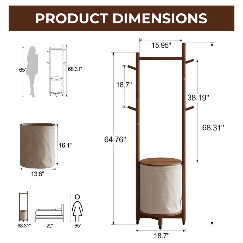 Multifunctional Solid Wood Coat Rack with Removable Laundry Basket – Movable Freestanding Clothes Hanger for Bedroom & Entryway