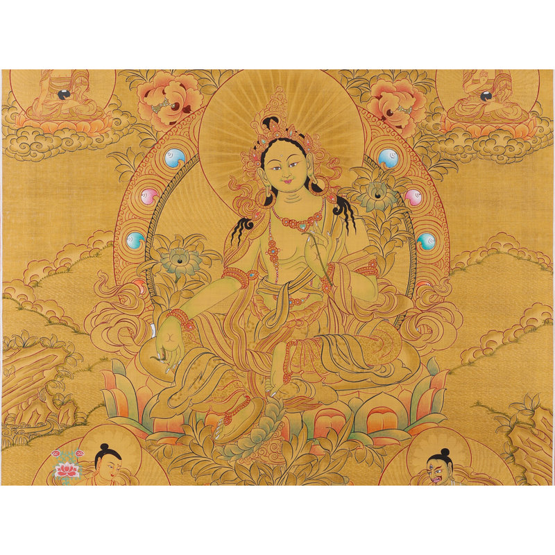 Thangka «Tara Compassion» peint à la main vert - H 27,6 po x l 19,3 po, art mural tibétain avec feuille d'or véritable 24 carats pour les studios de yoga et décoration intérieure