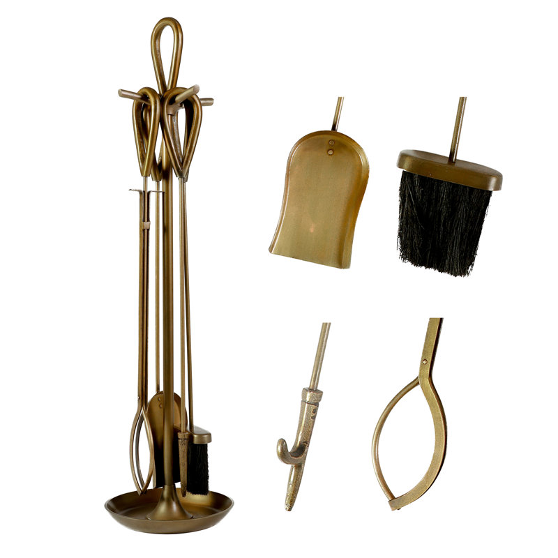Alexeis Iron Fireplace Tool Set, Brass Antique