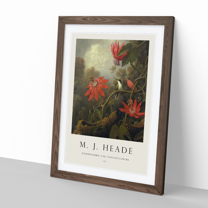 Hummingbird and Flowers by Martin Johnson Heade - Picture Frame Painting, 65cm H x 48cm W x 2cm D, Walnut Framed