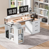 65.7" L Shaped Desk With Drawers, Corner Computer Gaming Desk With Power Outlet & Led Light, Office Desk With File Drawer, Monitor And Cpu Stand, Wood Desk For Home Office