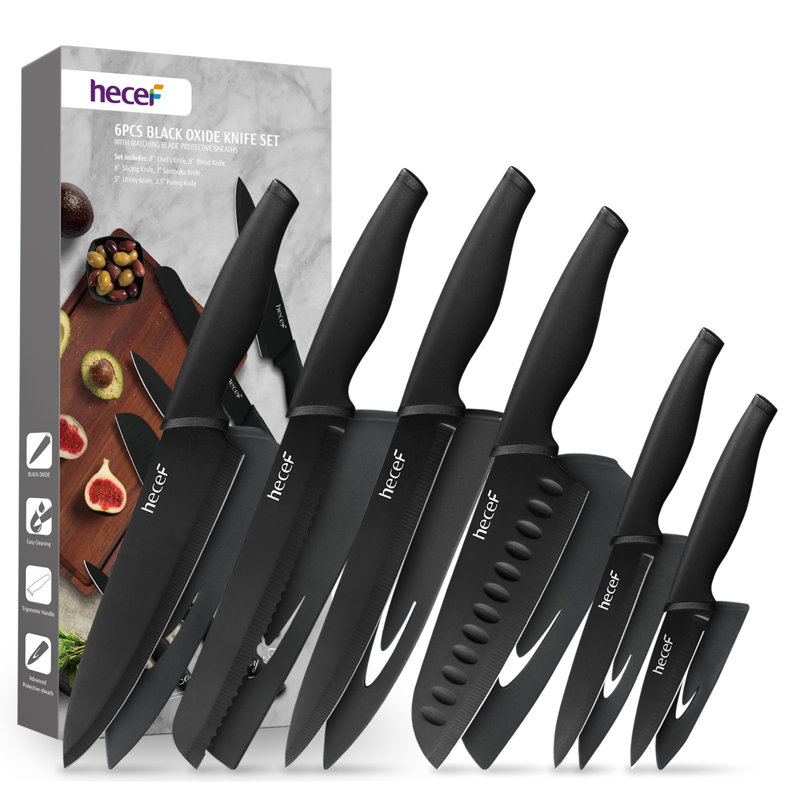 Ensemble de couteaux de cuisine 6 pièces avec gaines Hecef, acier inoxydable à haute teneur en carbone, finition en oxyde noir, poignées ergonomiques antidérapantes - résistant à la rouille et aux égratignures, idéal pour la maison et l'extérieur