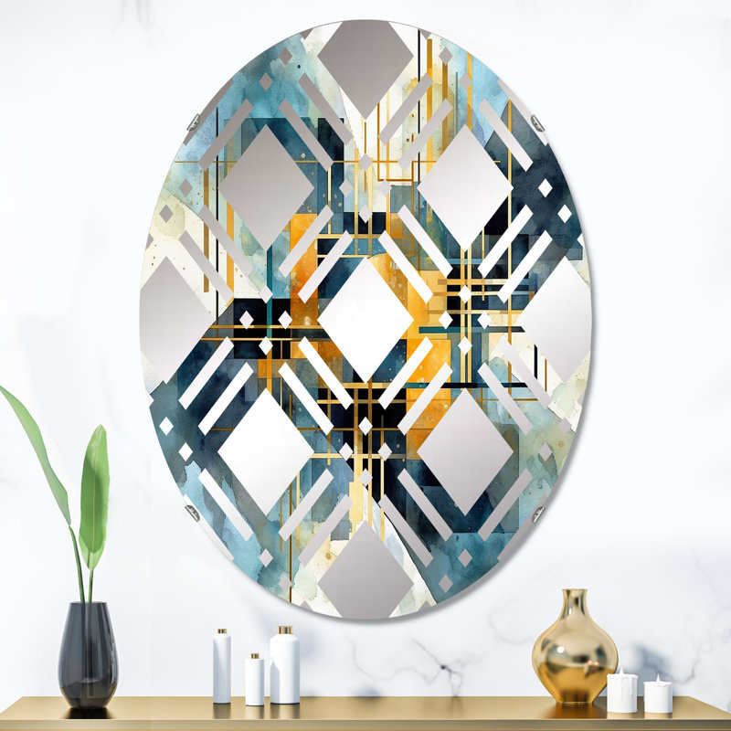 Abstract Golden Lines Maze - Miroir décoratif à carreaux | Ovale, 35,4 po x 23,6 po