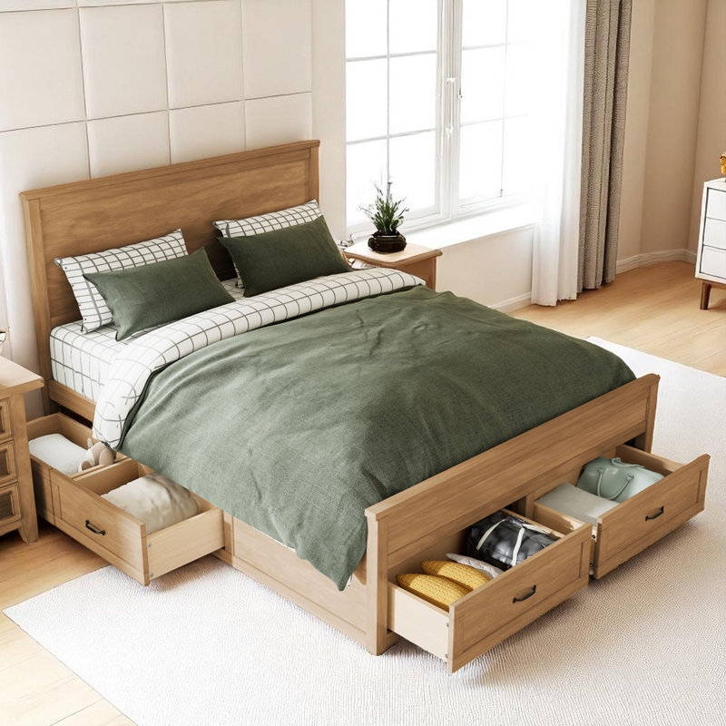 Lit plateforme en bois avec 6 tiroirs, Naturel