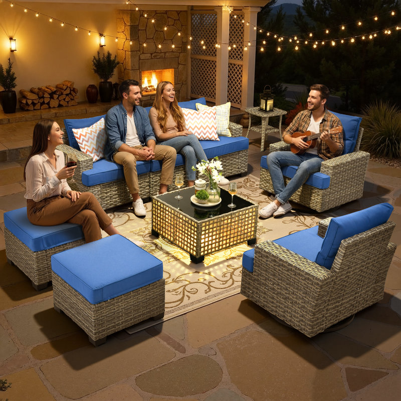 Outdoor Rattan Woven Sofa With Luminous End Table And Swivel Chair, Navy