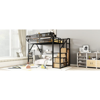 Lit mezzanine double en métal avec garde-robe et escalier, tablettes de rangement pratiques, tablettes d'escalier de taille noire de poids net de 155,1 lb, petites chambres hautes, capacité de 350 lb