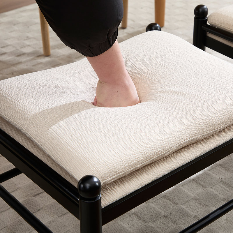 Linen Upholstered Ottoman With Solid Wood Legs, Black, Beige