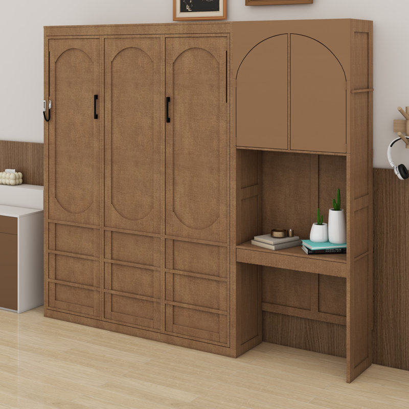 Lit mural peu encombrant avec armoire réversible de gauche à droite, éclairage DEL et tiroir, Walnut