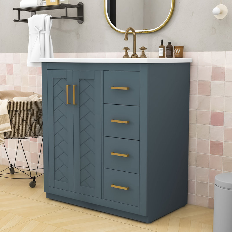  Ensemble de meuble-lavabo chic en bois et panneau de fibres à densité moyenne avec lavabo lisse, Marine