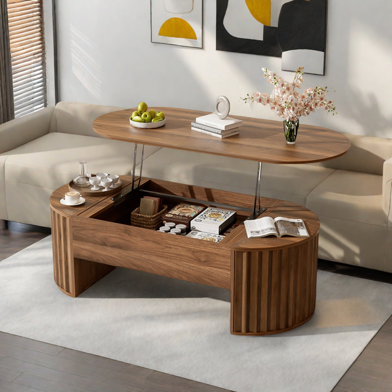 Table basse ovale avec mécanisme de levage hydraulique, compartiment caché et rainures ondulées verticales