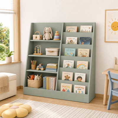 Kids Bookshelf and Toy Storage Organizer, 4-Tier Wooden Bookcase with Display Stand& Toy Bin,Shelves for Children Playroom Nursery