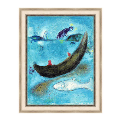 Art mural encadré, "Bateau et poisson" par Marc Chagall, impression giclée sur toile de fond, peinture romantique onirique (chêne blanc et gris minéral, 16 po x 20 po)