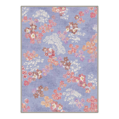 Machine Washable Floral Purple / Pink Area Rug With Non-Slip Backing