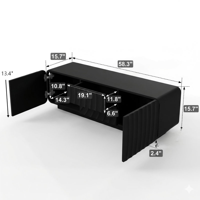 Console de télévision de 58 pouces avec un design moderne en spirale ondulée unique, avec une armoire de rangement et deux tiroirs. Un meuble télé adapté aux salons ou aux chambres à coucher, disponible en noir.