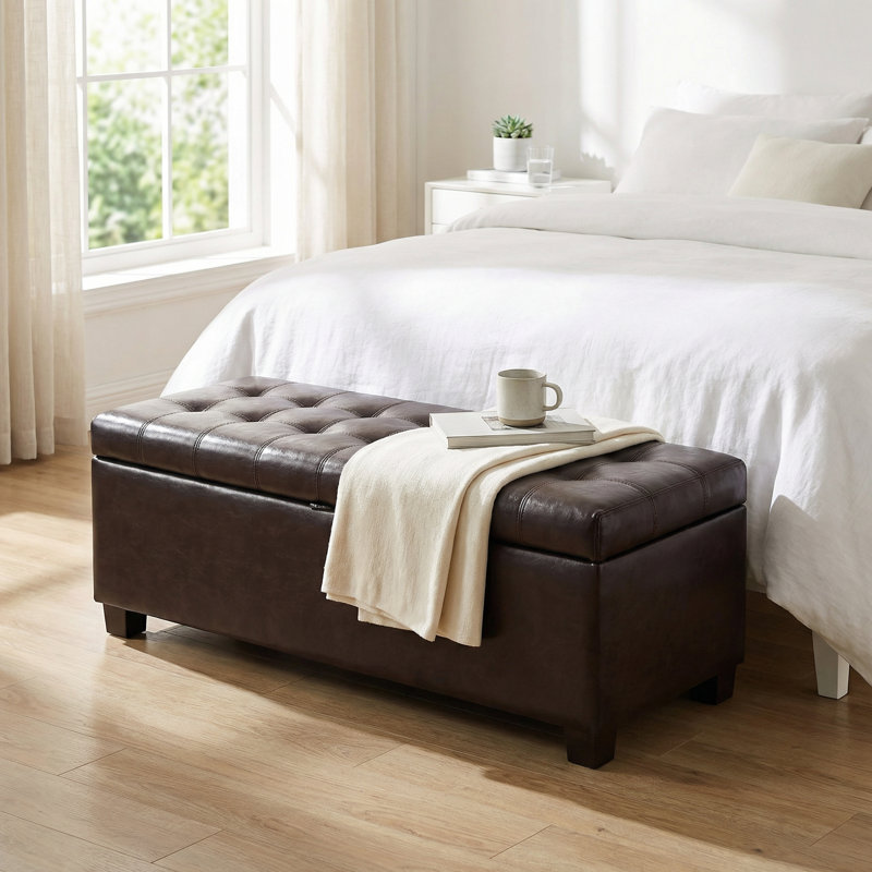 Multifunctional Tufted Storage Ottoman Bench with Child-Safe Hinged Lid and Wooden Legs for Entryway, Living Room, or Bedroom