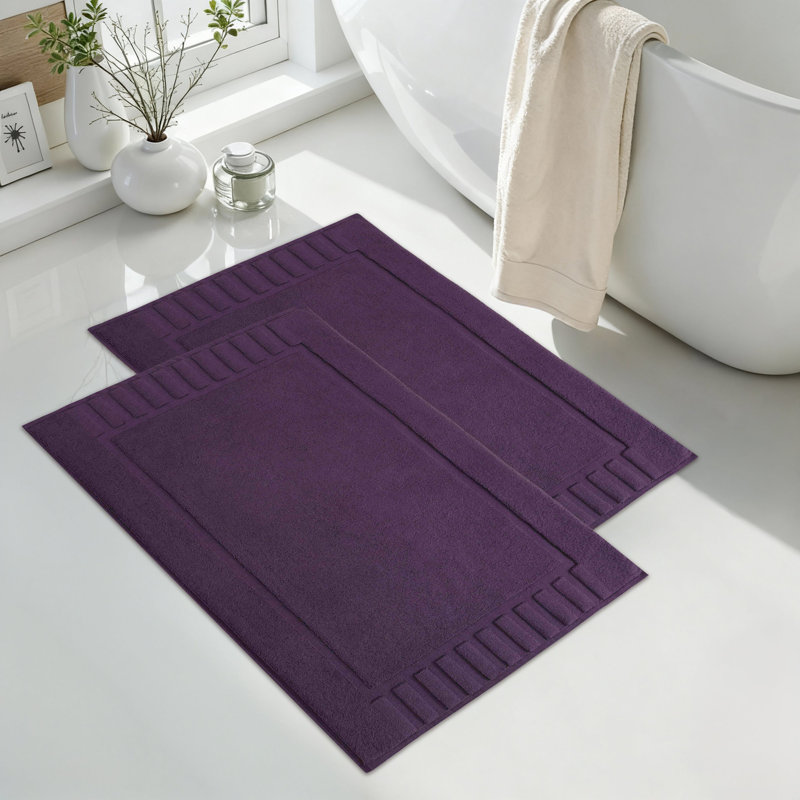 100% Cotton Thick Geometric Border Washable Bath Mats , Eggplant